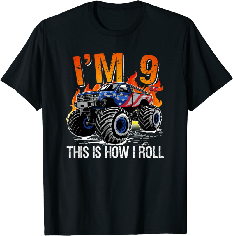 9th Birthday Monster Truck 9 Years Old Birthday Boy T-S