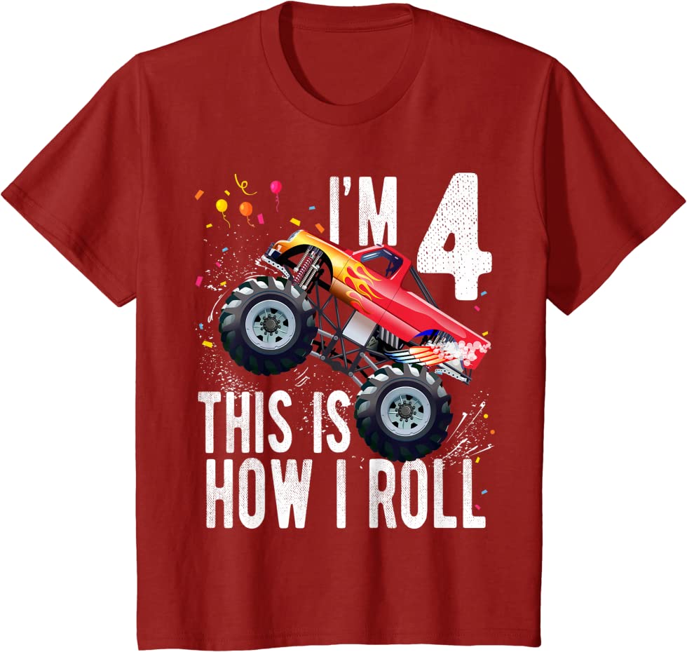 Kids 4 Year Old Shirt 4th Birthday Boy Monster Truck Ca